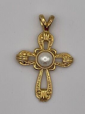 Cross Pendant Gold Tone Faux Pearl